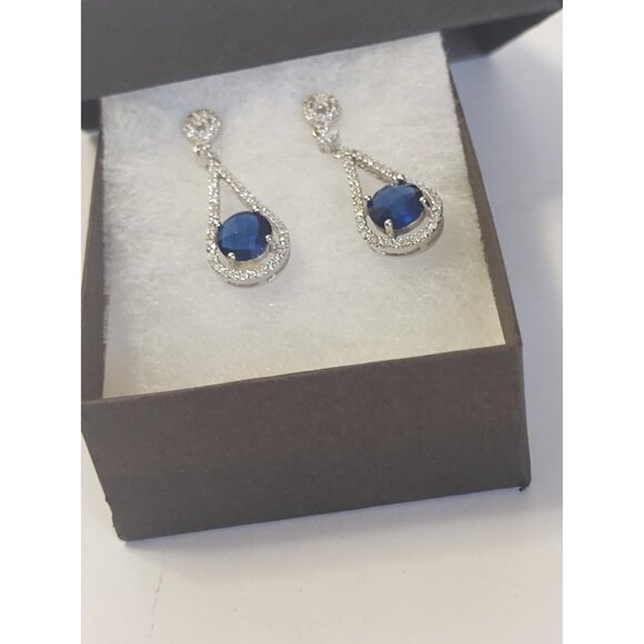 Women's Sterling Silver Blue Sapphire & Cubic Zirconia Bridal Earrings NEW - Picture 12 of 13